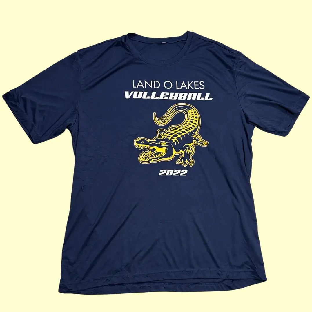 Land O’ Lakes Volleyball T-shirt (2022) in navy blue with bold yellow and white graphics
