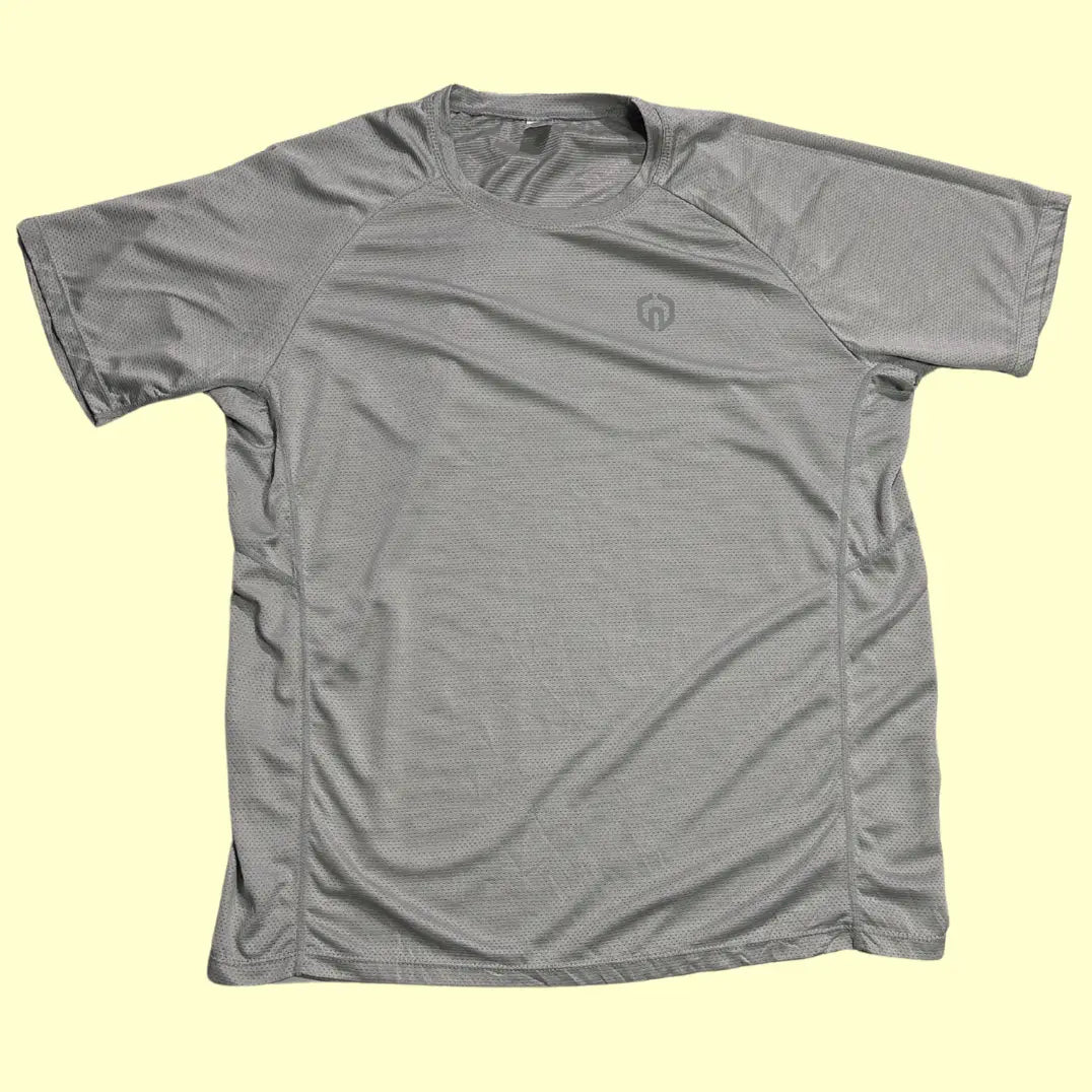 gray activewear t-shirt with breathable mesh fabric.