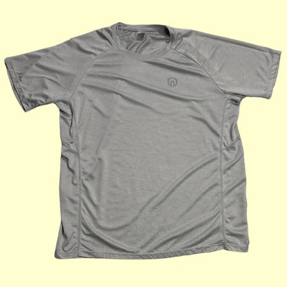 gray activewear t-shirt with breathable mesh fabric.