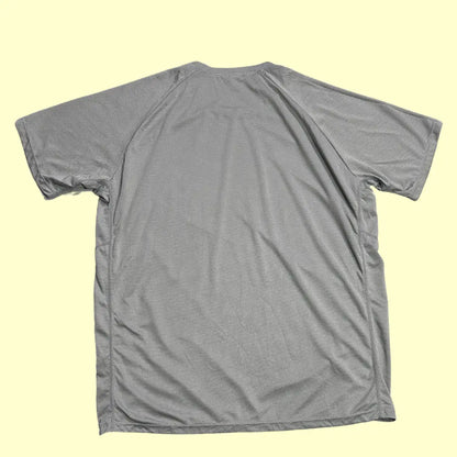 gray activewear t-shirt with breathable mesh fabric.
