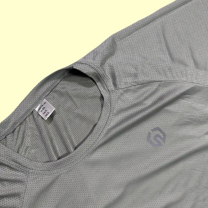 gray activewear t-shirt with breathable mesh fabric.