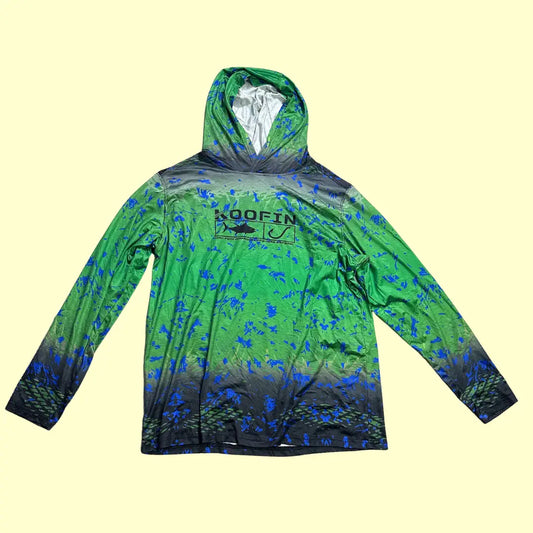 Koofin Gear performance hoodie in a vibrant green and blue pattern.