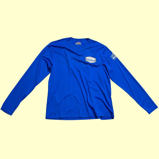 Vibrant blue A4 performance long-sleeve shirt featuring WinterFaire graphics
