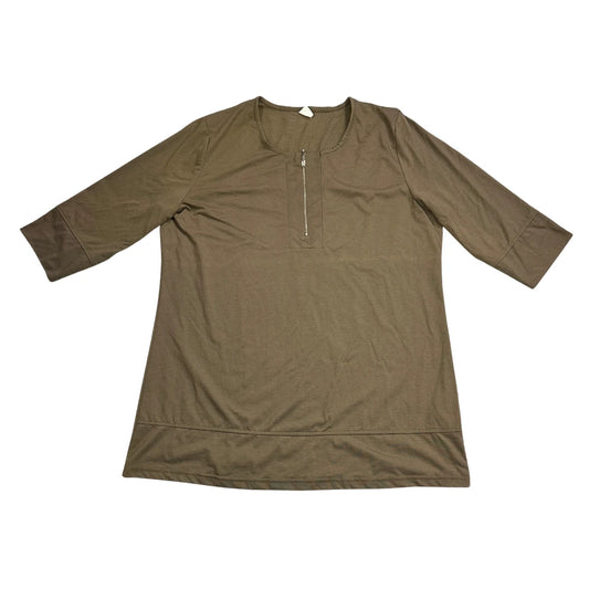 Olive Green Zip Neck 3/4 Sleeve Top