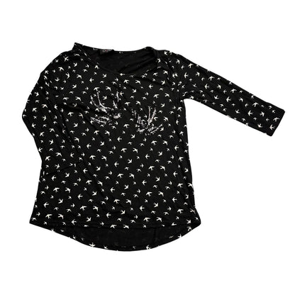 Gina® Black Bird Print Sequin Long Sleeve Top