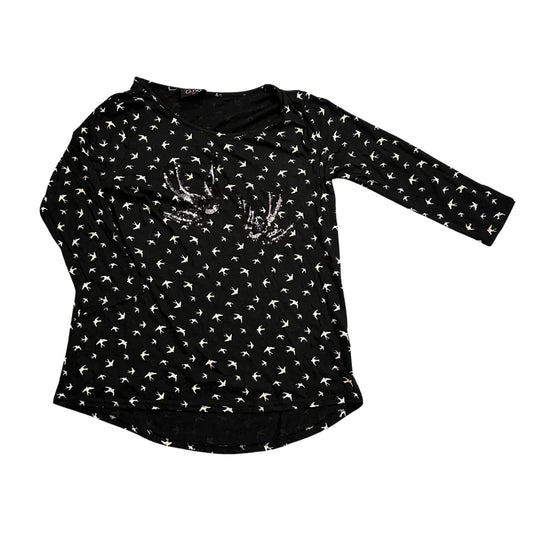 Gina® Black Bird Print Sequin Long Sleeve Top