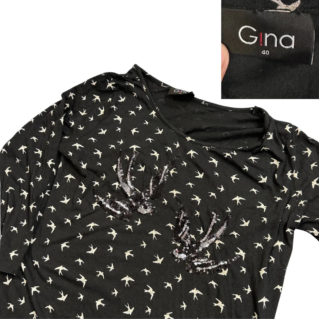 Gina® Black Bird Print Sequin Long Sleeve Top