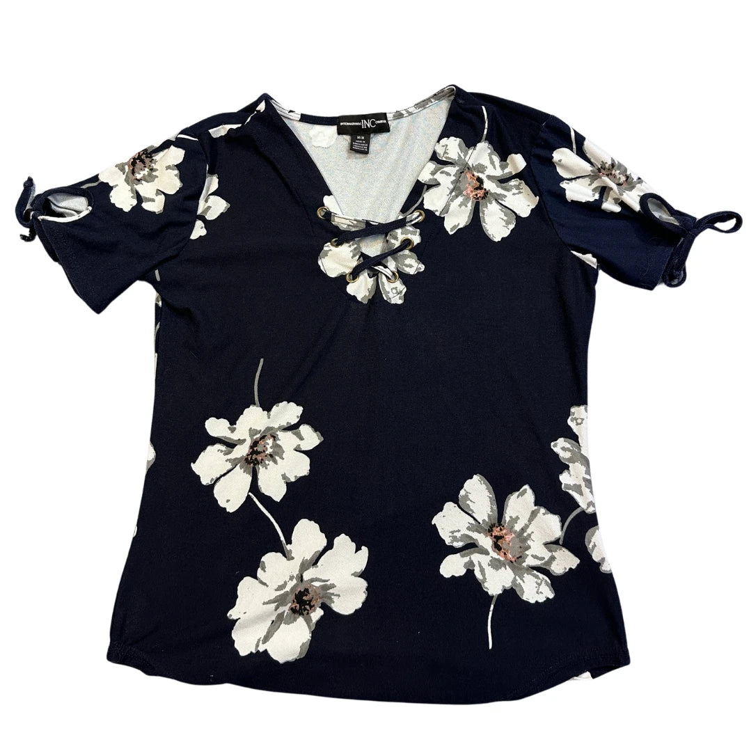 INC International Concepts® Navy Floral Lace-Up Top