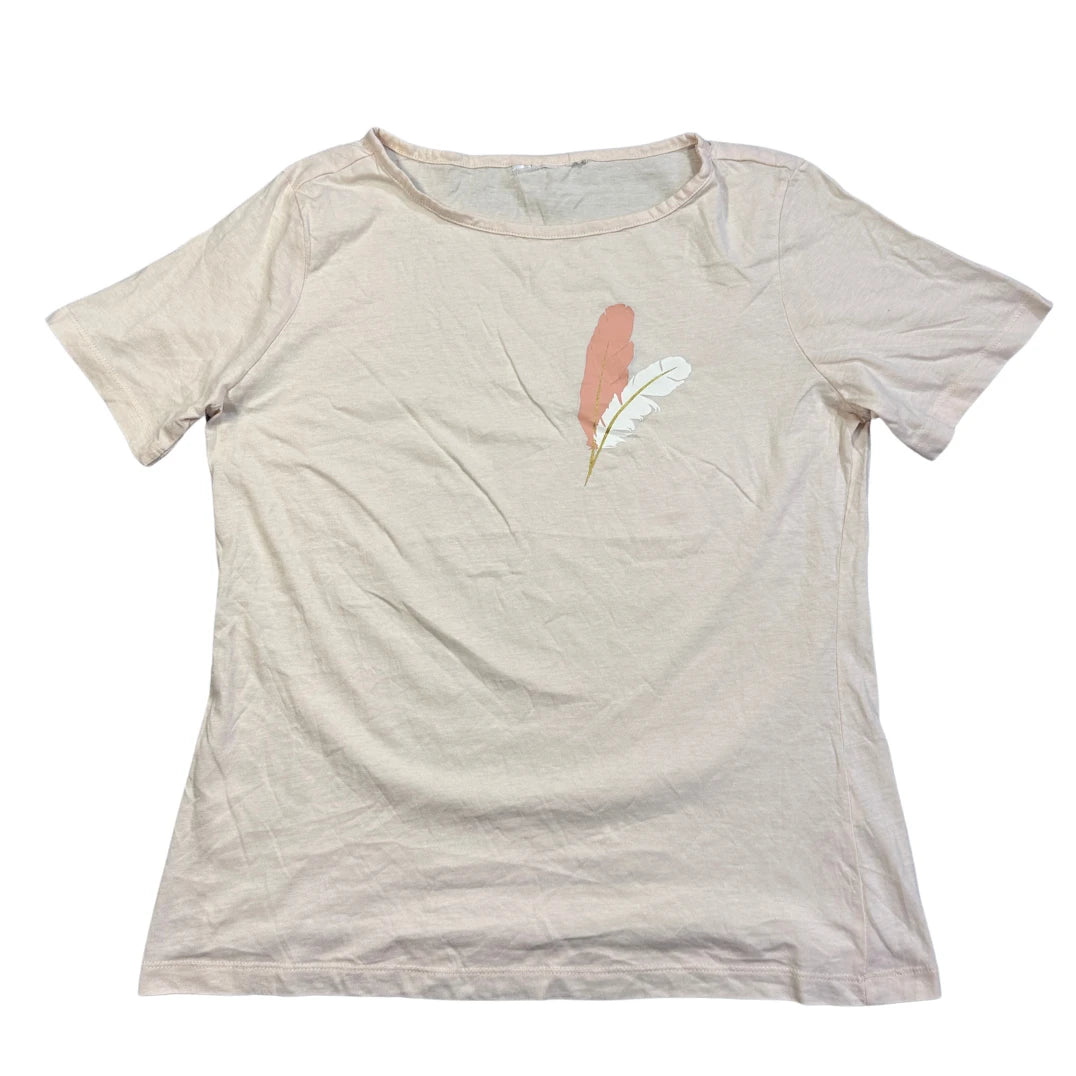 Cream Feather Print Casual T-Shirt(M)