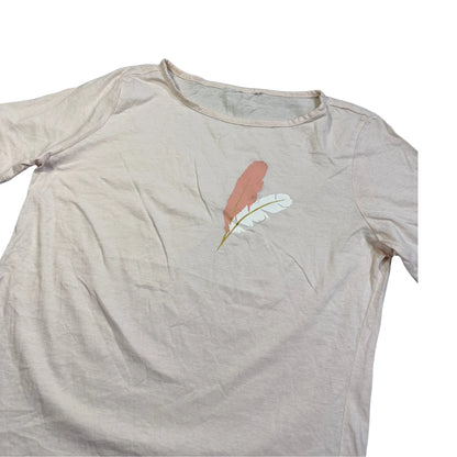 Cream Feather Print Casual T-Shirt(M)