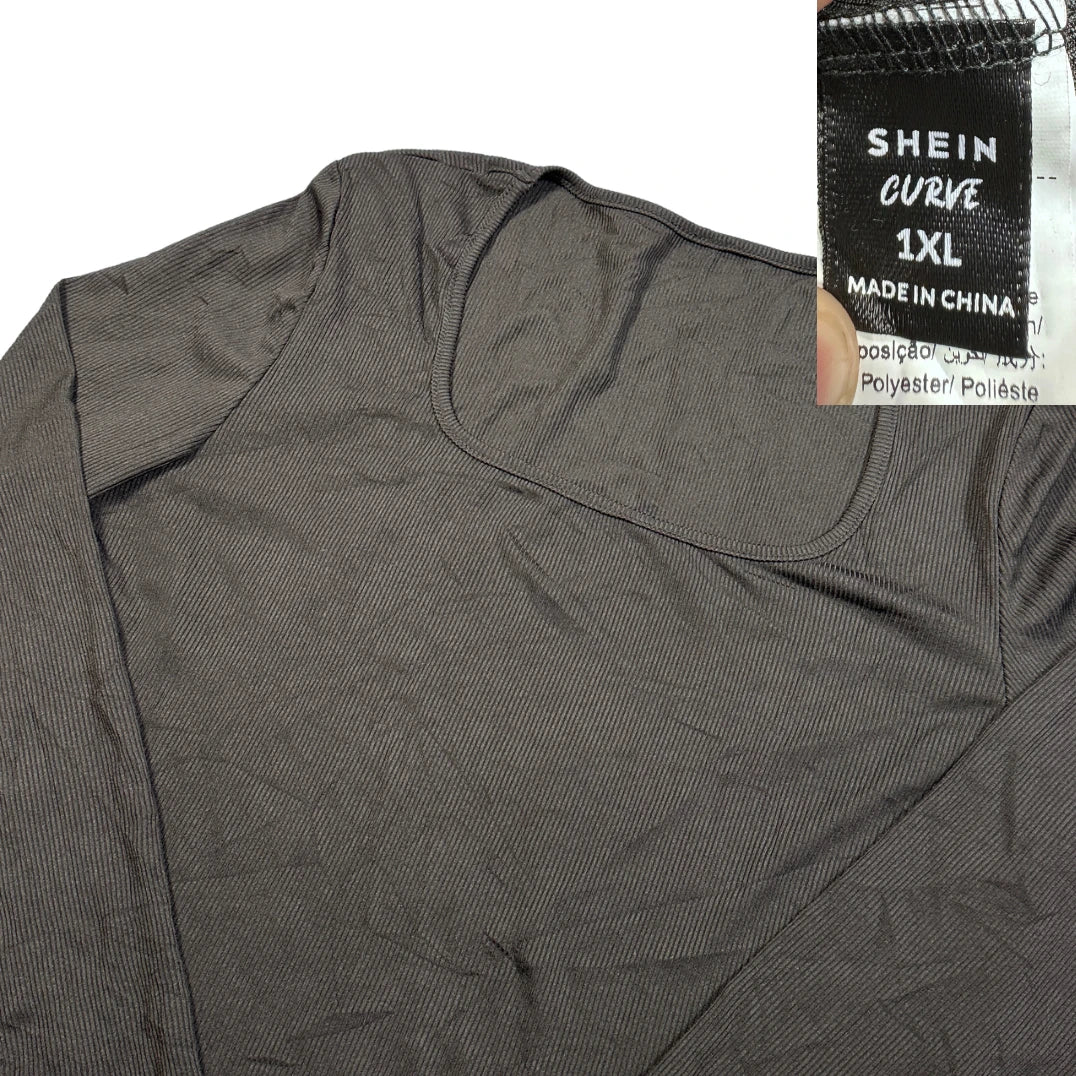 SHEIN® Black Ribbed Long Sleeve Top-XL