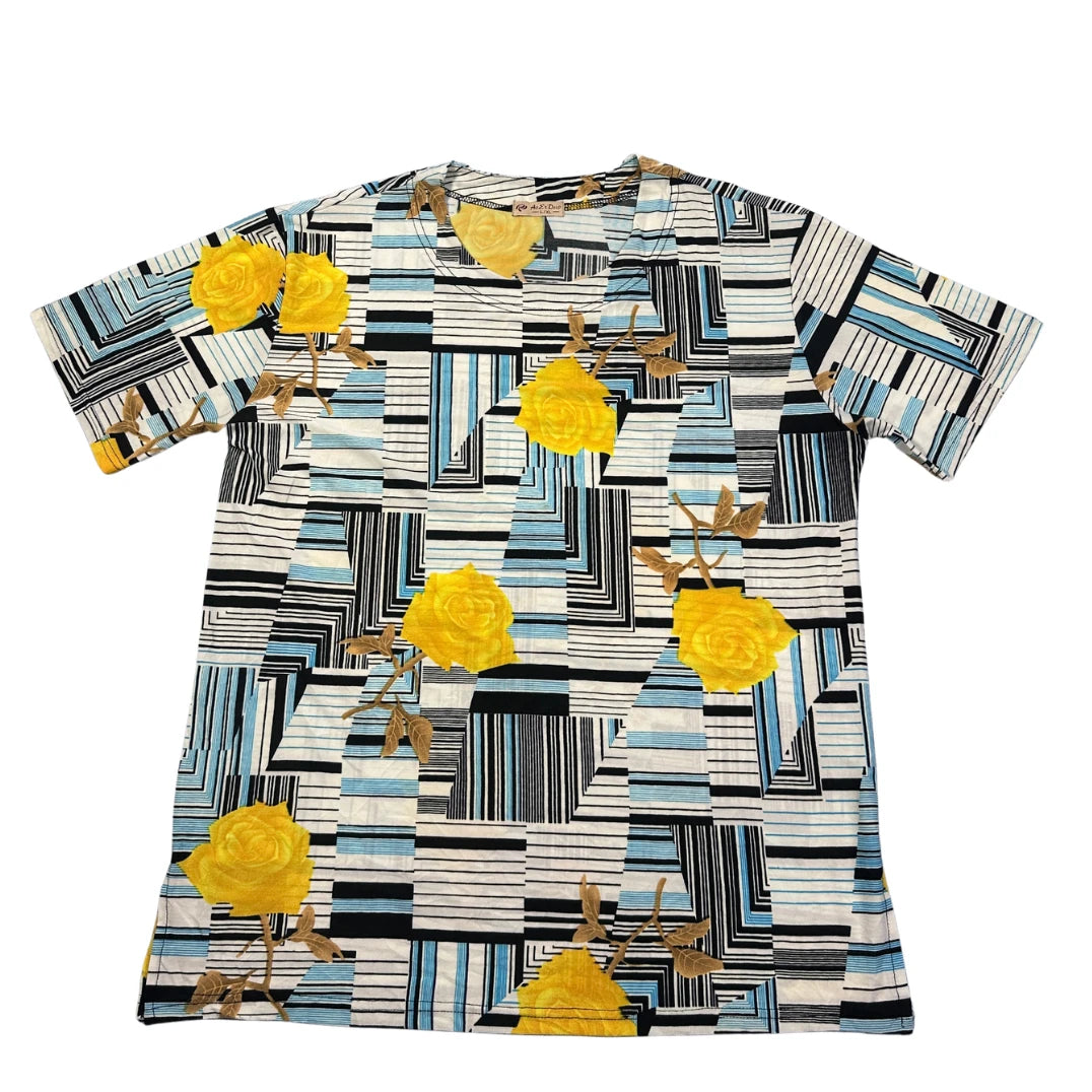 Blue Yellow Rose Geometric Print T Shirt-L/XL