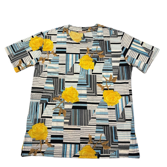 Blue Yellow Rose Geometric Print T Shirt-L/XL