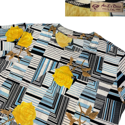 Blue Yellow Rose Geometric Print T Shirt-L/XL