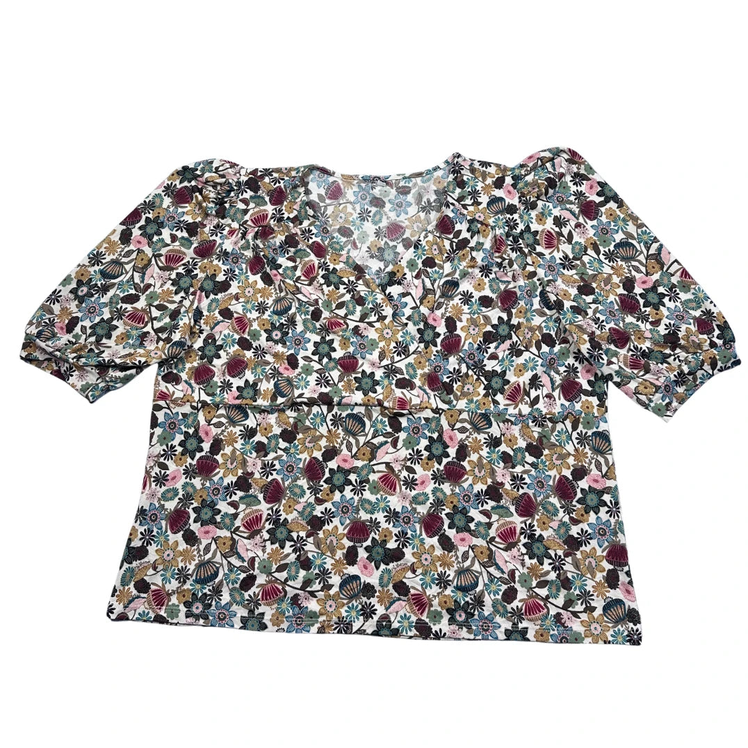 White Floral Puff Sleeve V Neck Top-L
