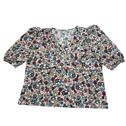 White Floral Puff Sleeve V Neck Top-L
