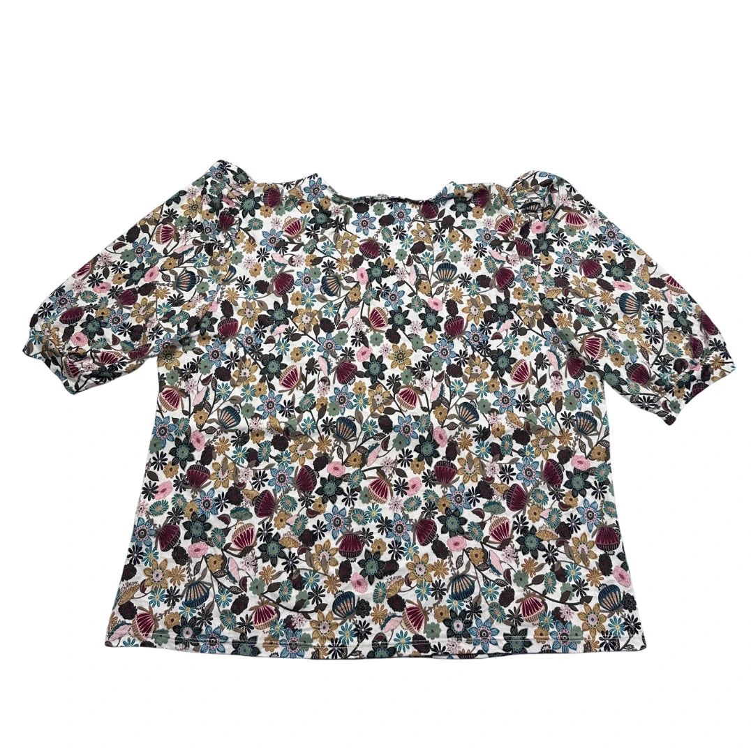 White Floral Puff Sleeve V Neck Top-L