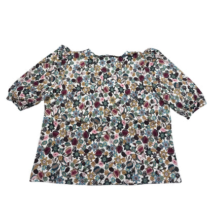 White Floral Puff Sleeve V Neck Top-L