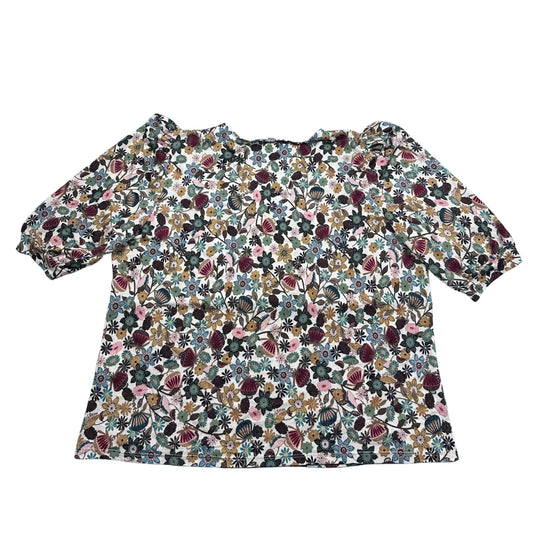 White Floral Puff Sleeve V Neck Top-L