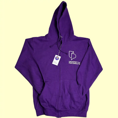 💜 University of Portsmouth “ASK ME” Purple Zip-Up Hoodie – Medium