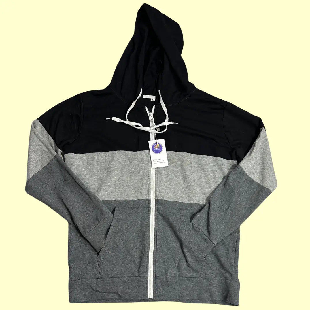 ⚫ Tri-Tone Grey Zip-Up Hoodie – Large