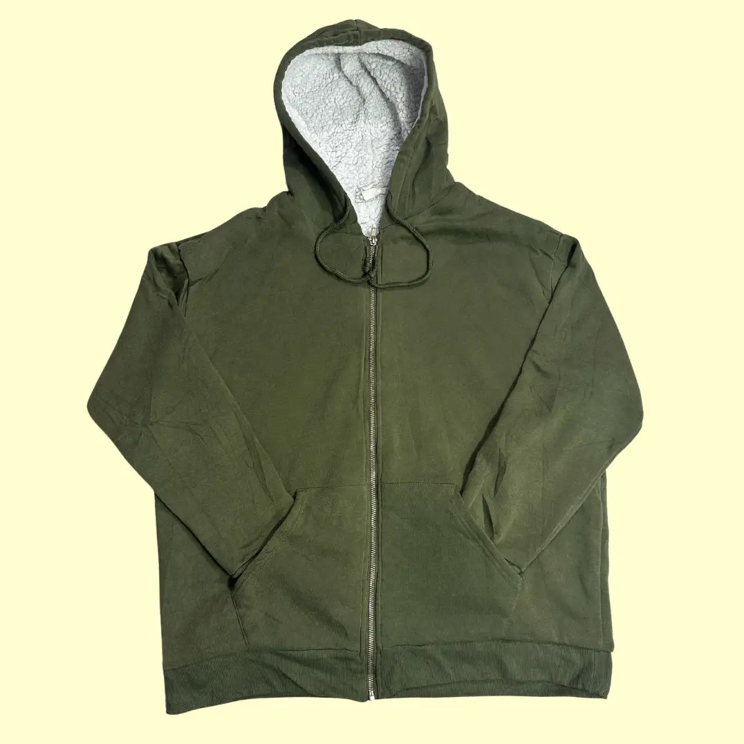 🌿 Birch & Stone Olive Sherpa-Lined Zip Hoodie