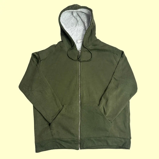 🌿 Birch & Stone Olive Sherpa-Lined Zip Hoodie