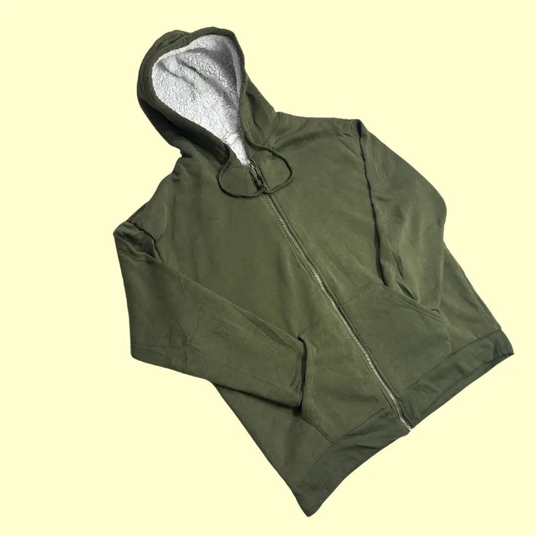 🌿 Birch & Stone Olive Sherpa-Lined Zip Hoodie