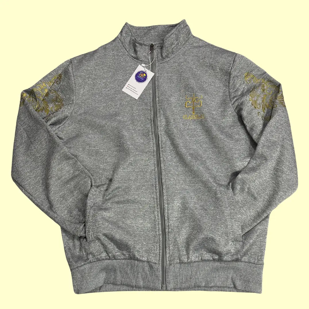 Men’s Grey Track Jacket with Gold Embroidered Design