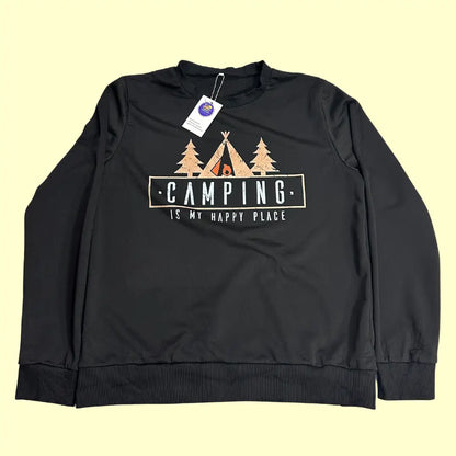 Camping Graphic Black Sweatshirt – “Camping Is My Happy Place” (Unisex)