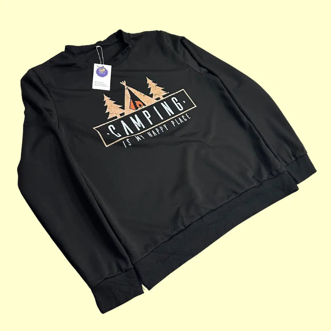 Camping Graphic Black Sweatshirt – “Camping Is My Happy Place” (Unisex)