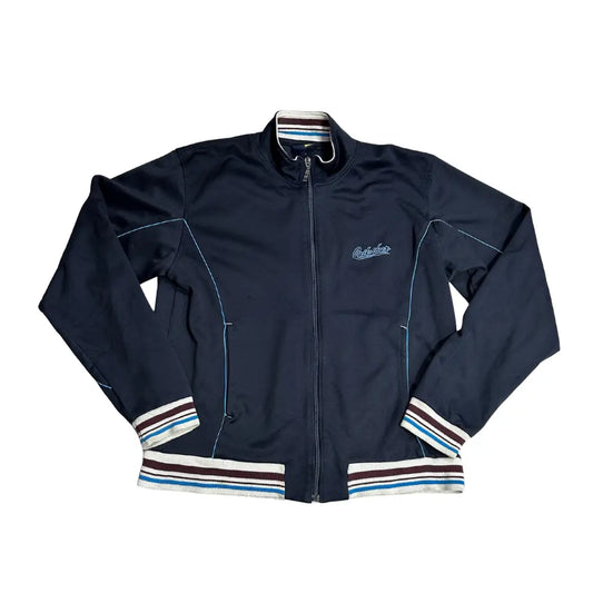 Quiksilver Navy Retro Zip-Up Jacket – Striped Ribbed Hem