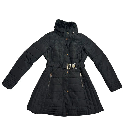 Papaya Black Belted Winter Puffer Coat