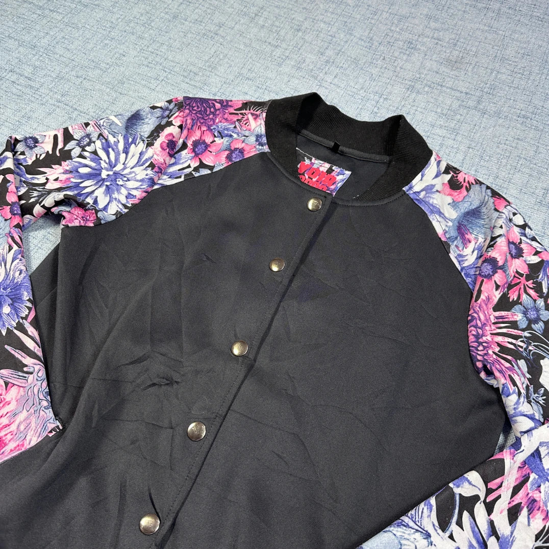 Voir Jeans Black Floral-Sleeve Bomber Jacket (M)