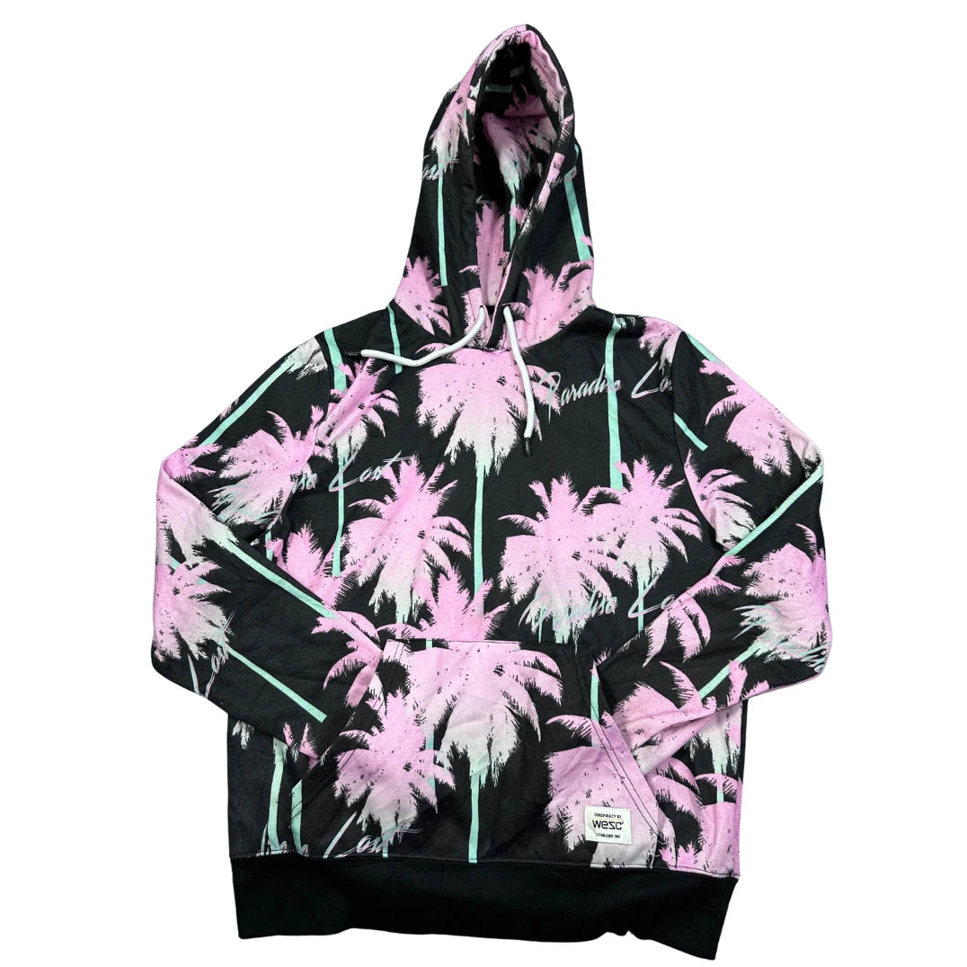 WeSC® Black Pink Palm Tree All Over Print Pullover Hoodie-L
