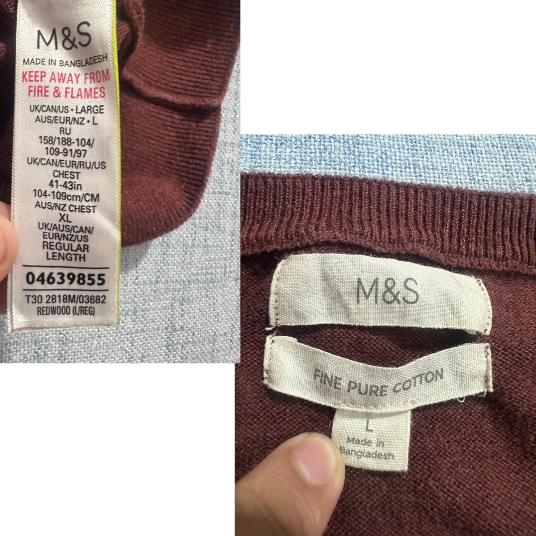 M&S® Redwood V-Neck Cotton Sweater-L