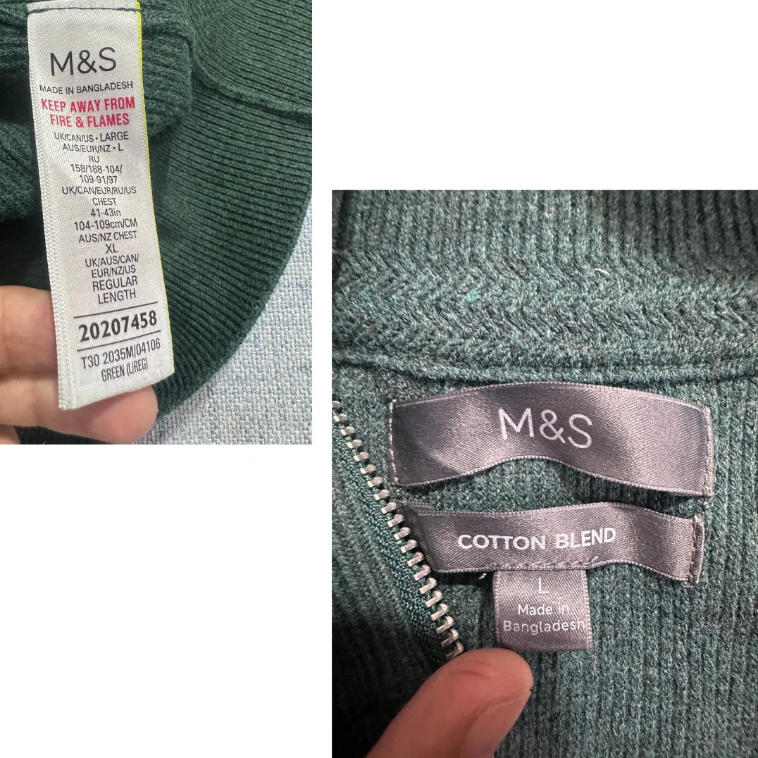 M&S® Green Ribbed Half Zip Sweater-L