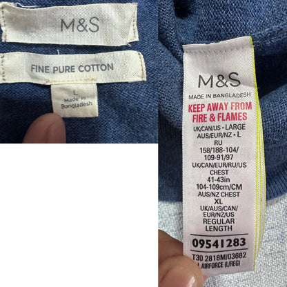 M&S® Blue Fine Cotton V-Neck Sweater-L