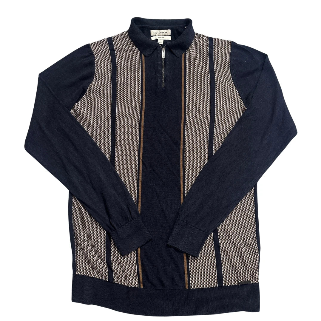 M&S Autograph® Navy Stripe Zip Neck Knit Polo-M