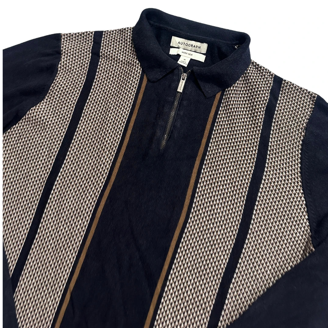 M&S Autograph® Navy Stripe Zip Neck Knit Polo-M