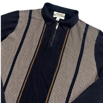 M&S Autograph® Navy Stripe Zip Neck Knit Polo-M