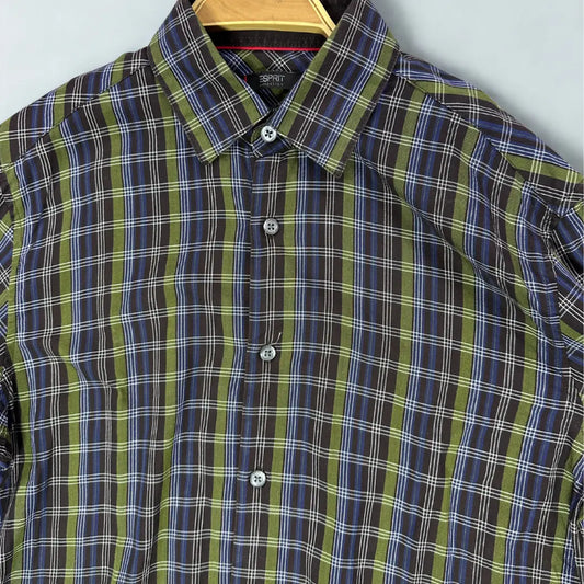 ESPRIT ®. It features a sophisticated plaid pattern with a modern color palette, combining shades of olive green, navy blue, and light blue on a dark background.