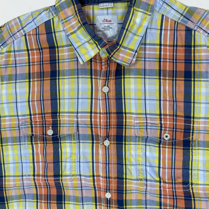 s.Oliver ® It features a bright and cheerful plaid pattern that combines shades of orange, yellow, navy blue, and light blue.