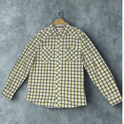 Mustang ® . A brand known for its denim and quality casual wear. It features a bold and attractive plaid pattern in a distinctive color combination of lemon yellow, charcoal grey, and white.
