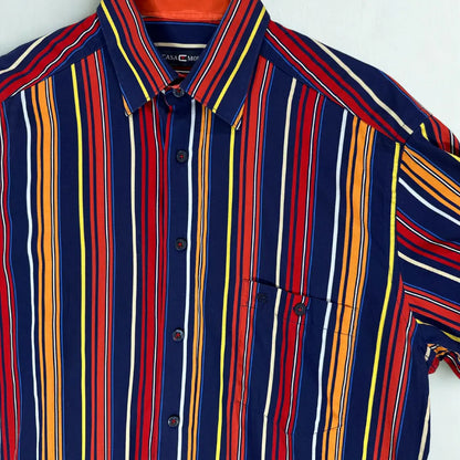 CASA MODA ®. It features a bold, multi-colored vertical stripe pattern in a striking combination of navy blue, red, orange, yellow, and white.