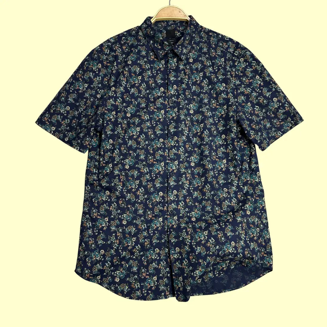 🌸 H&M Slim Fit Men's Floral Short Sleeve Shirt – Navy
