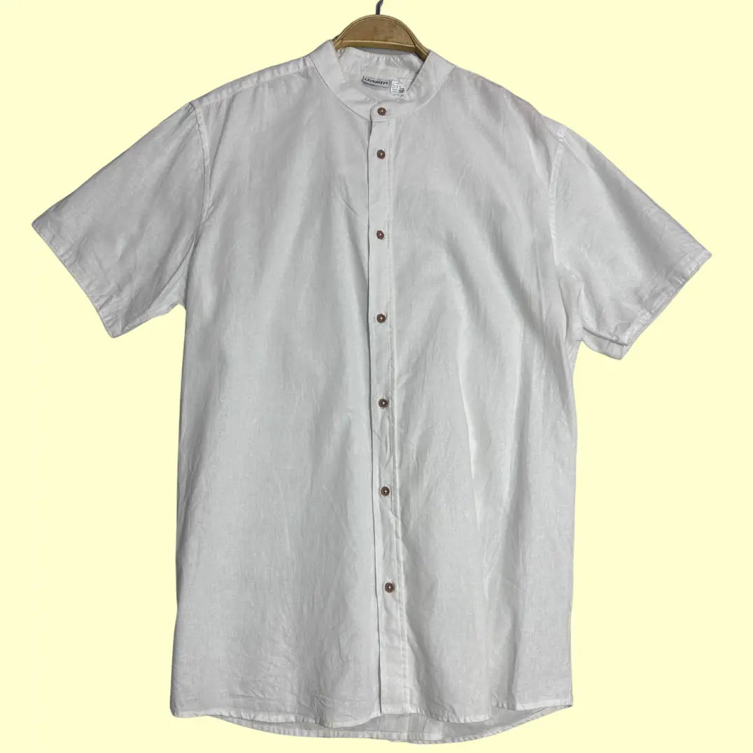 🤍 Livergy Men’s Linen-Blend Band Collar Shirt – White