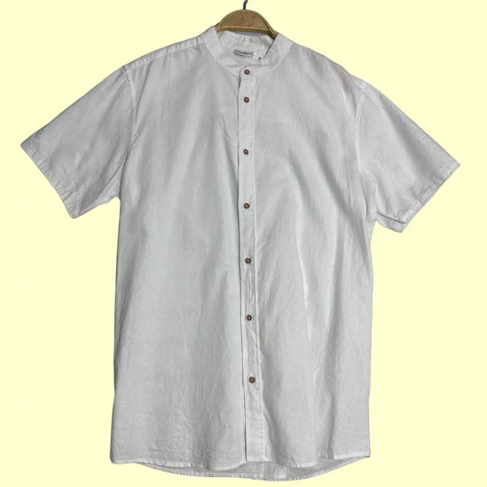 🤍 Livergy Men’s Linen-Blend Band Collar Shirt – White