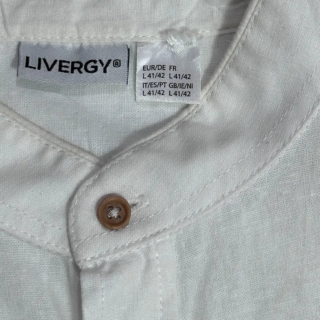 🤍 Livergy Men’s Linen-Blend Band Collar Shirt – White