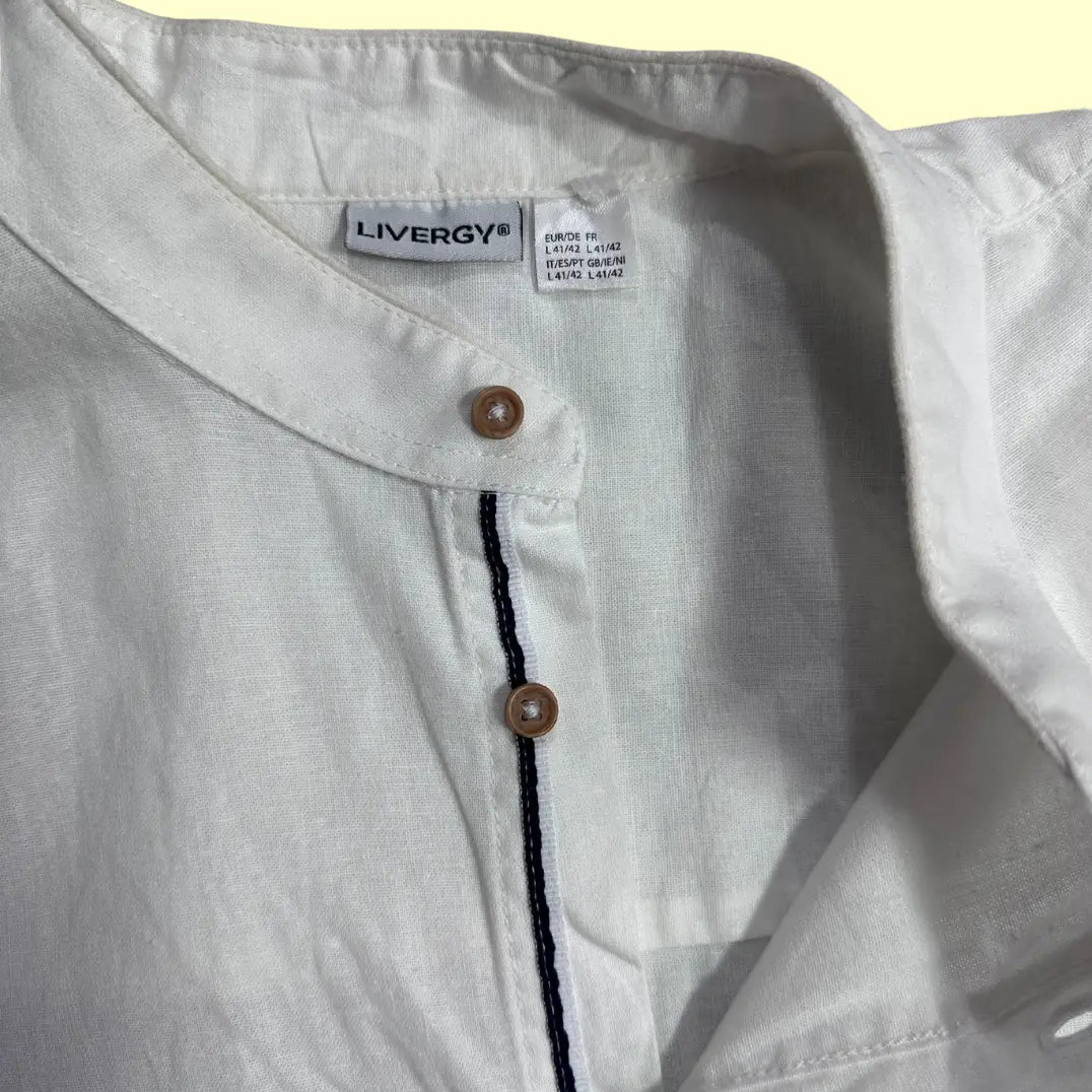 🤍 Livergy Men’s Linen-Blend Band Collar Shirt – White